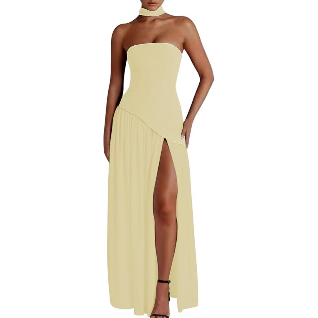 Famnbro Womens Tube Dress Strapless Sexy Off Shoulder Side Slit Going Out Casual Elegant Club Party Maxi Dresses