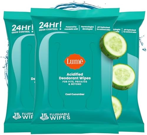 Lume Acidified Deodorant Wipes - 24 Hour Odor Control - Aluminum Free, Baking Soda Free, Skin Loving - Flushable - 15 Count (Pack of 3) (Cool Cucumber)