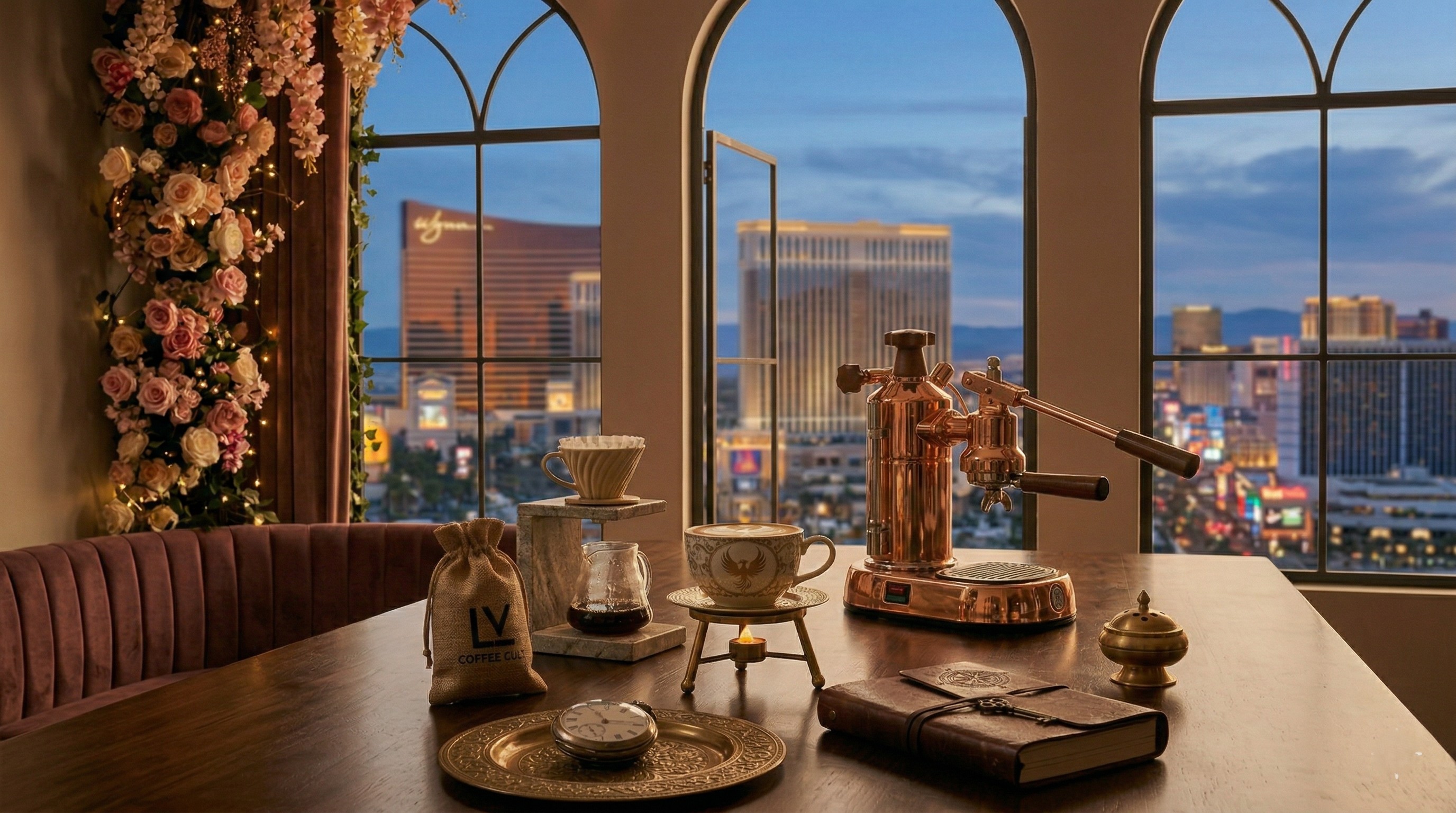 Swetta Kathuria sipping coffee at a luxury Las Vegas cafe