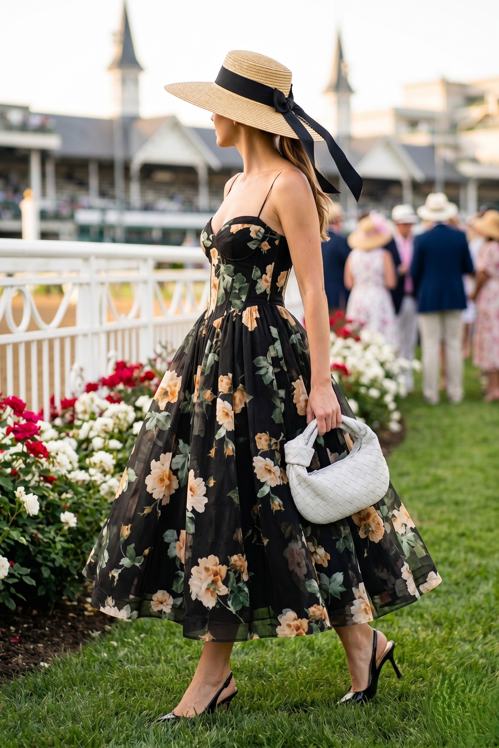 Model wearing a black corseted floral dress with a straw boater hat