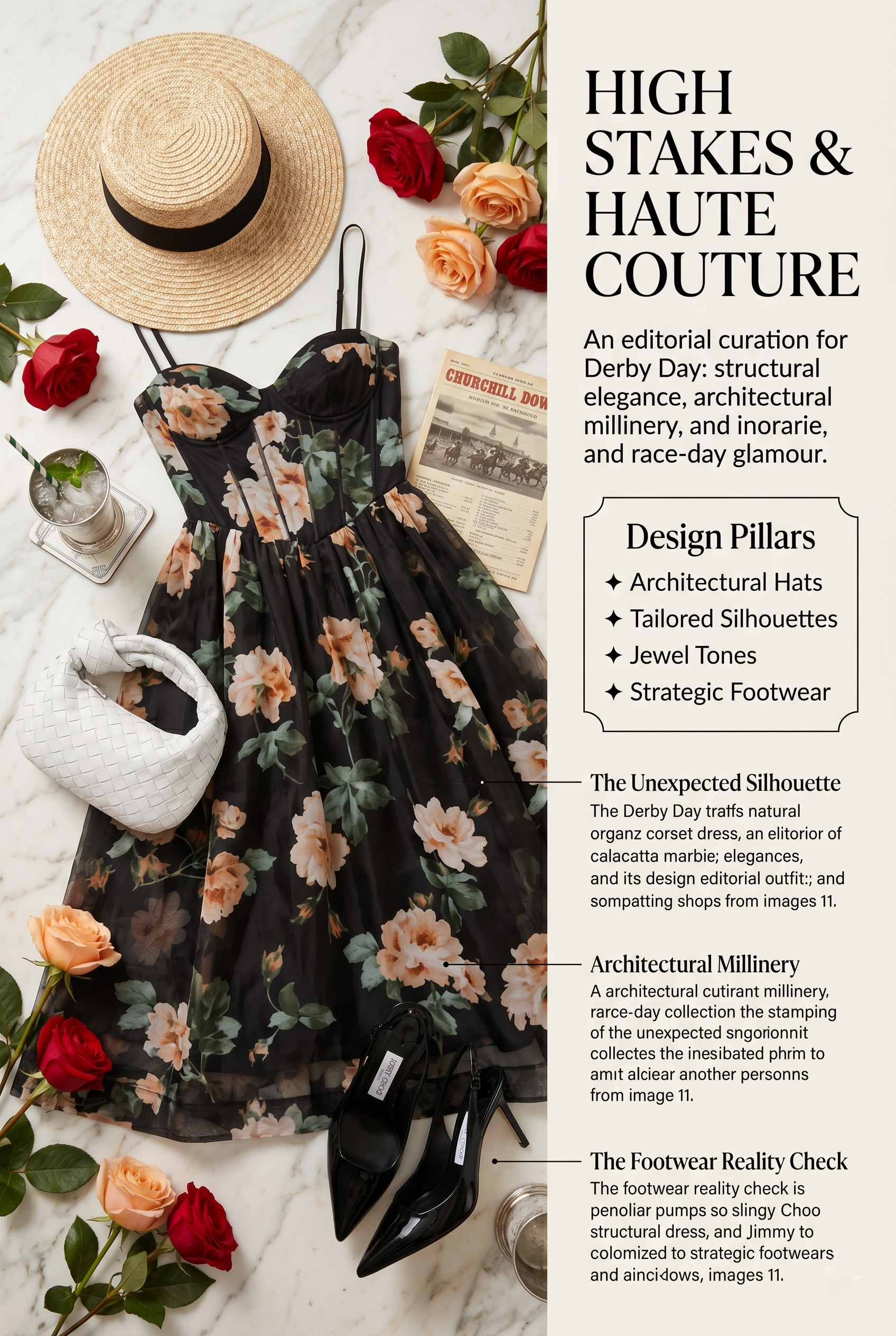 Detail shot of the woven bag and black slingback heels