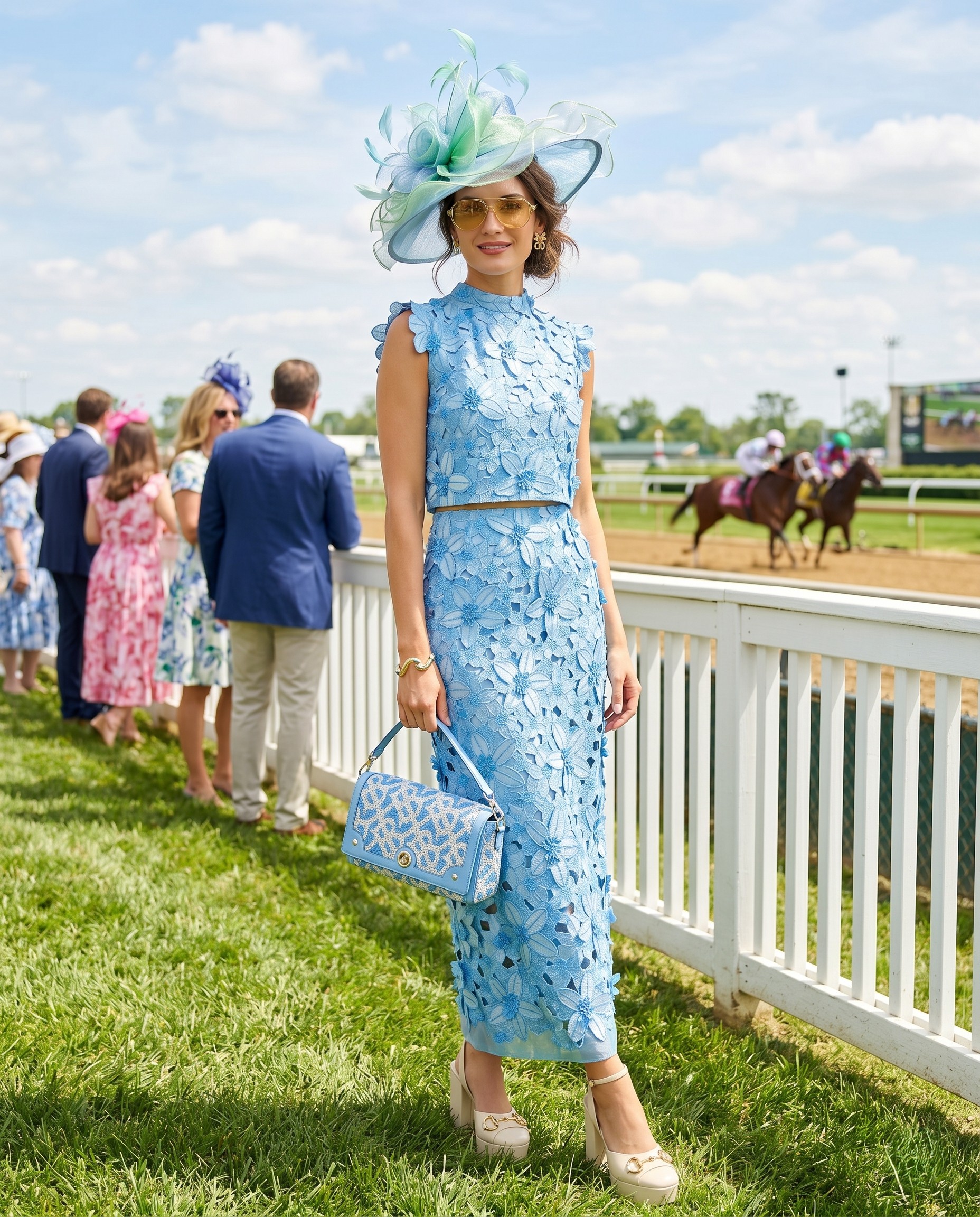 Model wearing a sky blue textural lace matching set with an elaborate fascinator