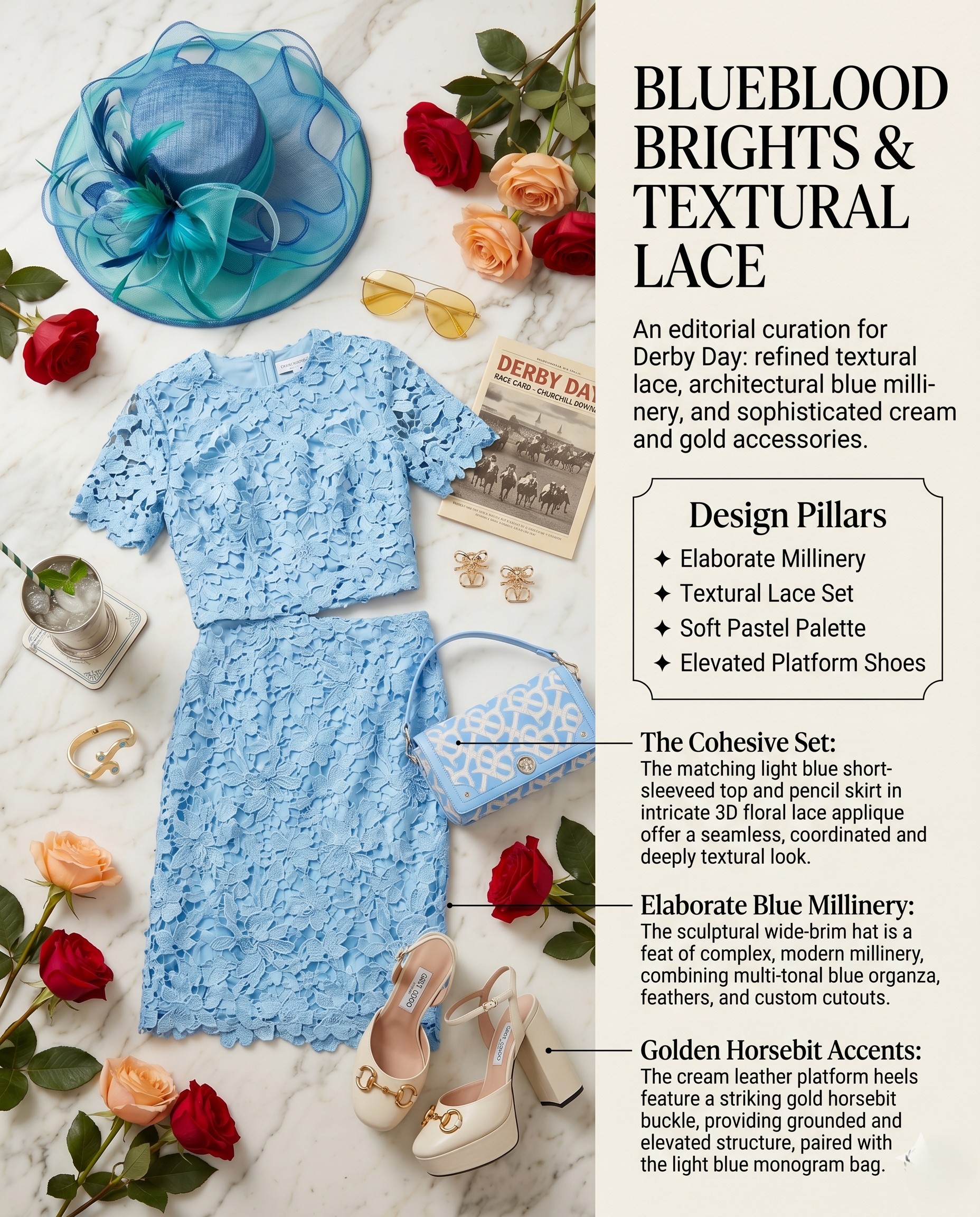 Detail shot of the blue monogram bag and cream platform heels