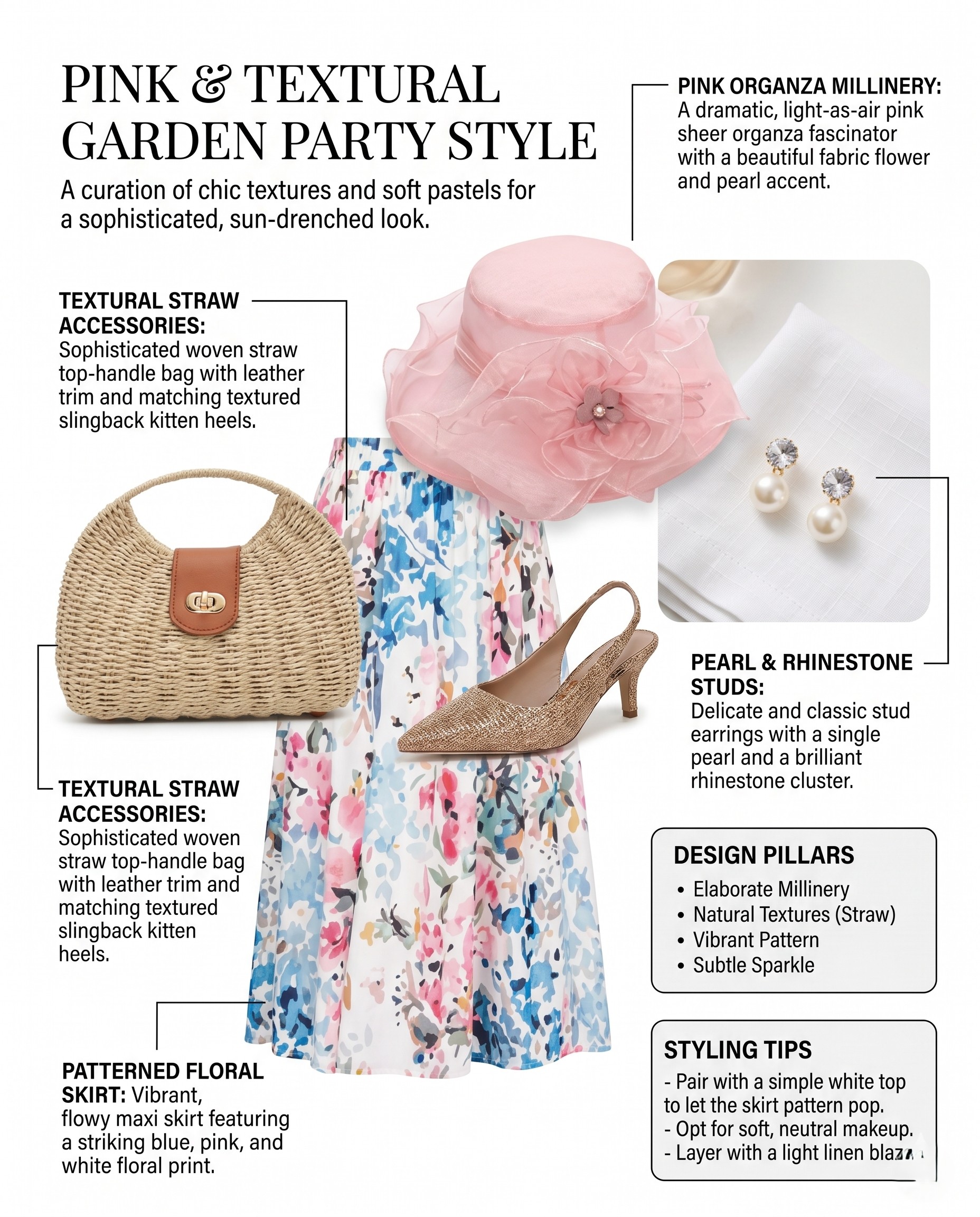 Detail shot of the pink organza fascinator and woven straw bag