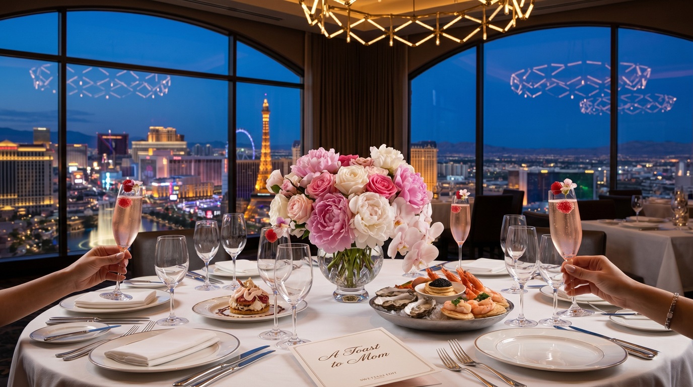 A luxurious Las Vegas Mother's Day brunch table setting with sparkling rosé, pastries, pink peonies, and a card that reads 'A Toast to Mom'