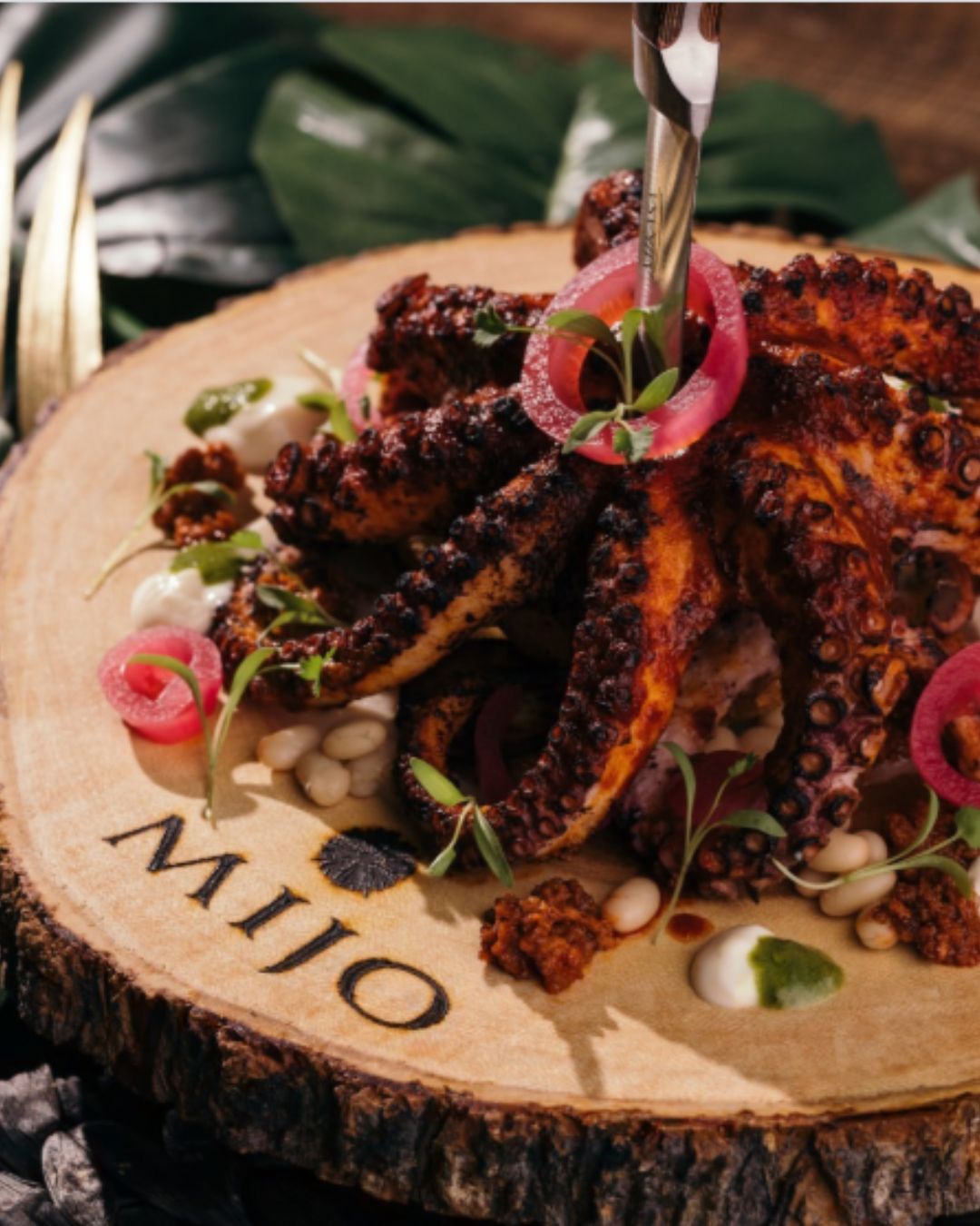 An upscale, moody coastal Mexican chic interior at Mijo Modern Mexican. A stylish woman smiles while holding the specialty Roku Gin Mother’s Day cocktail and a small complimentary flower.