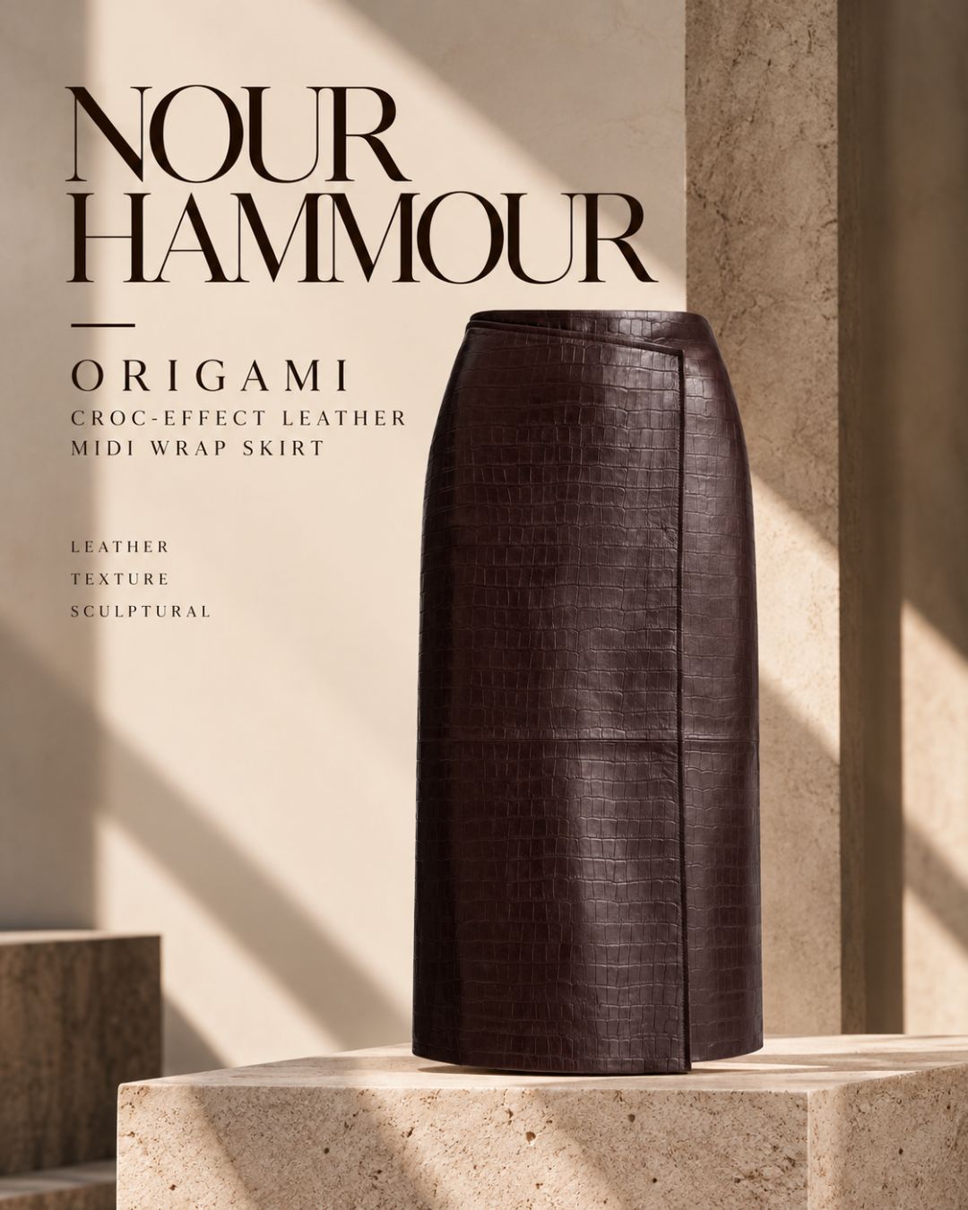 Origami Croc-Effect Leather Midi Wrap Skirt