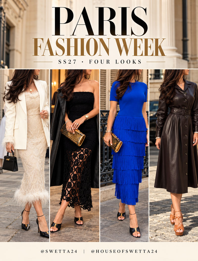 Four Paris Fashion Week SS27 outfit looks in one editorial collage